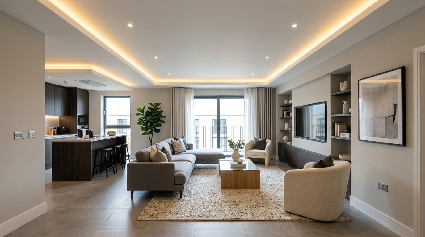 Finished room — layered false ceiling with warm cove lighting