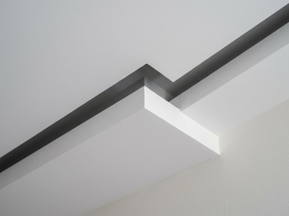 Floating ivory ceiling planes with warm edge lighting above a charcoal wall