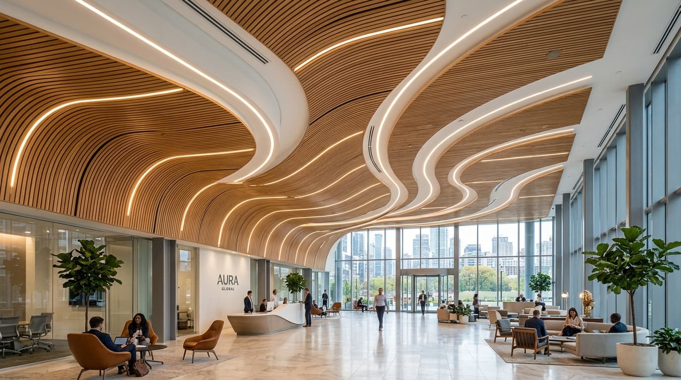 Office ceiling with long linear recessed lighting channels