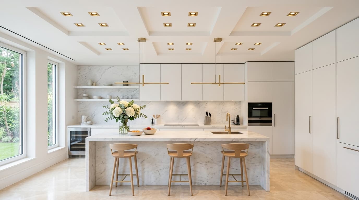 Minimal bedroom with floating ceiling slab and hidden warm lighting